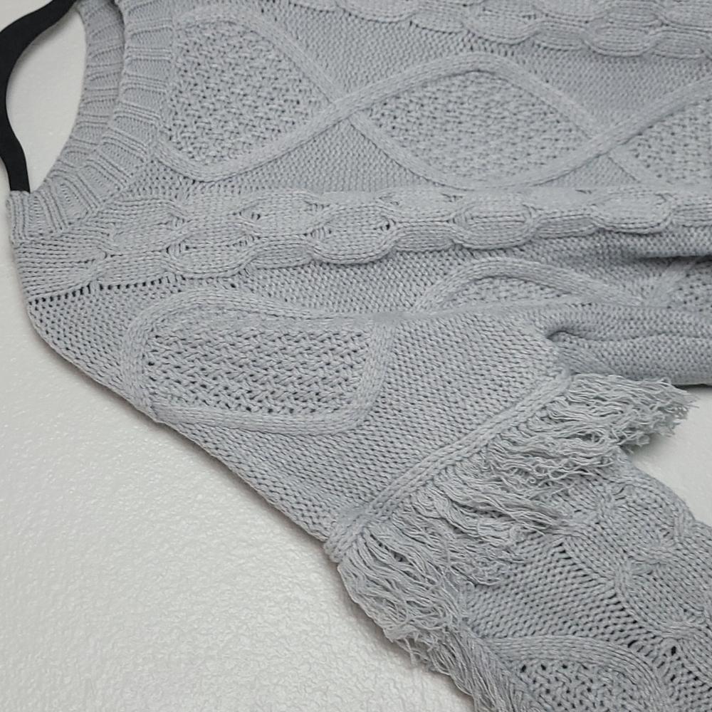 &merci Boho Sweater Cable Knit Bodice Fringe Sleeves Ribbed Hem Size Large Gray - Picture 7 of 11